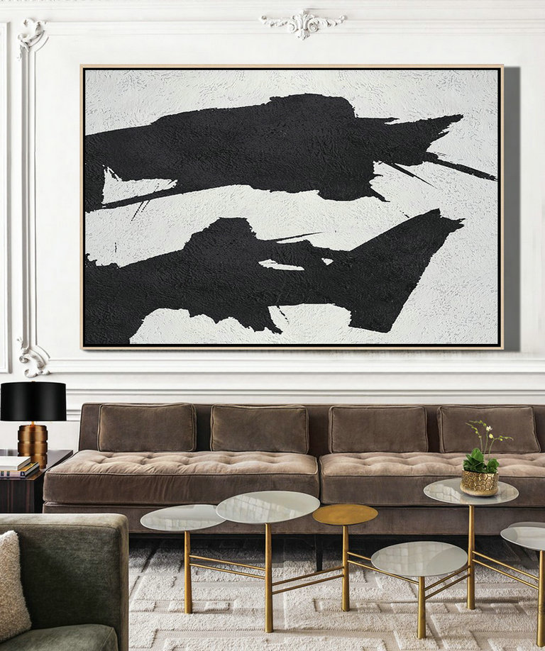 Big Art Canvas,Hand Painted Oversized Horizontal Minimal Art On Canvas, Black And White Minimalist Painting - Acrylic Painting Large Wall Art